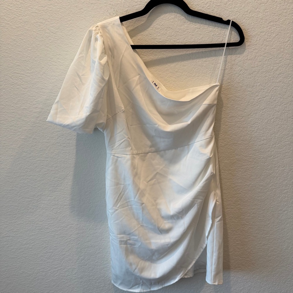 TCEC White One Shoulder Puff Sleeve Ruched Mini Dress Side Slit Size M